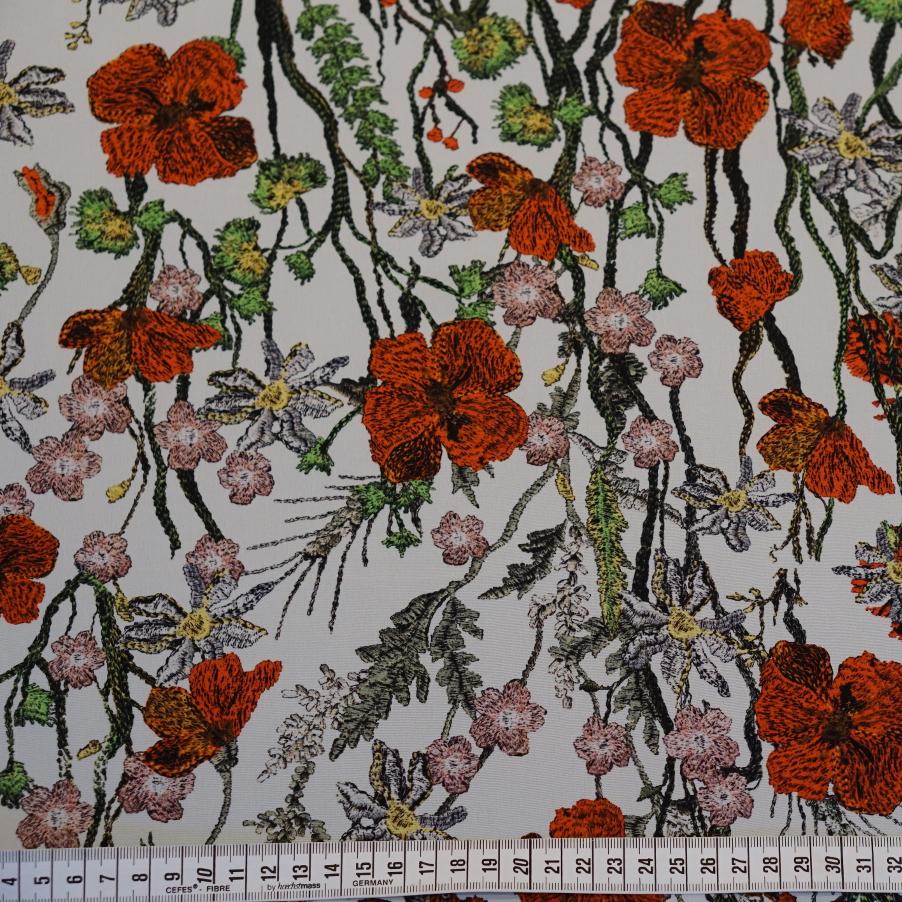 Feiner Seidencrêpe - große Blumen auf weiß