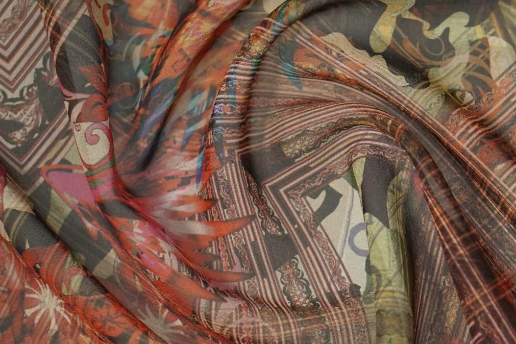 Chiffon - bunte Muster auf schwarz