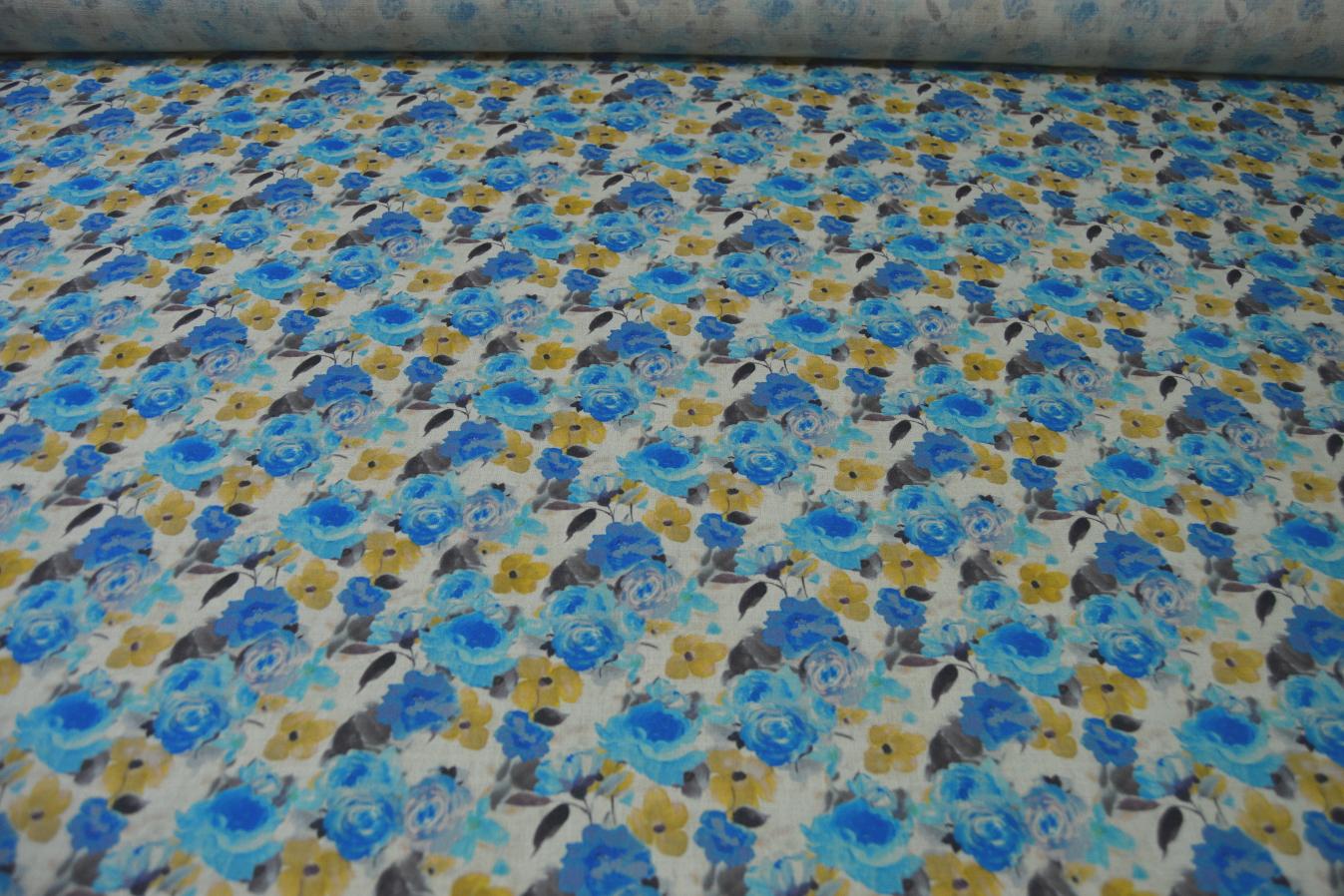 Baumwollcrepe blaue Rosen