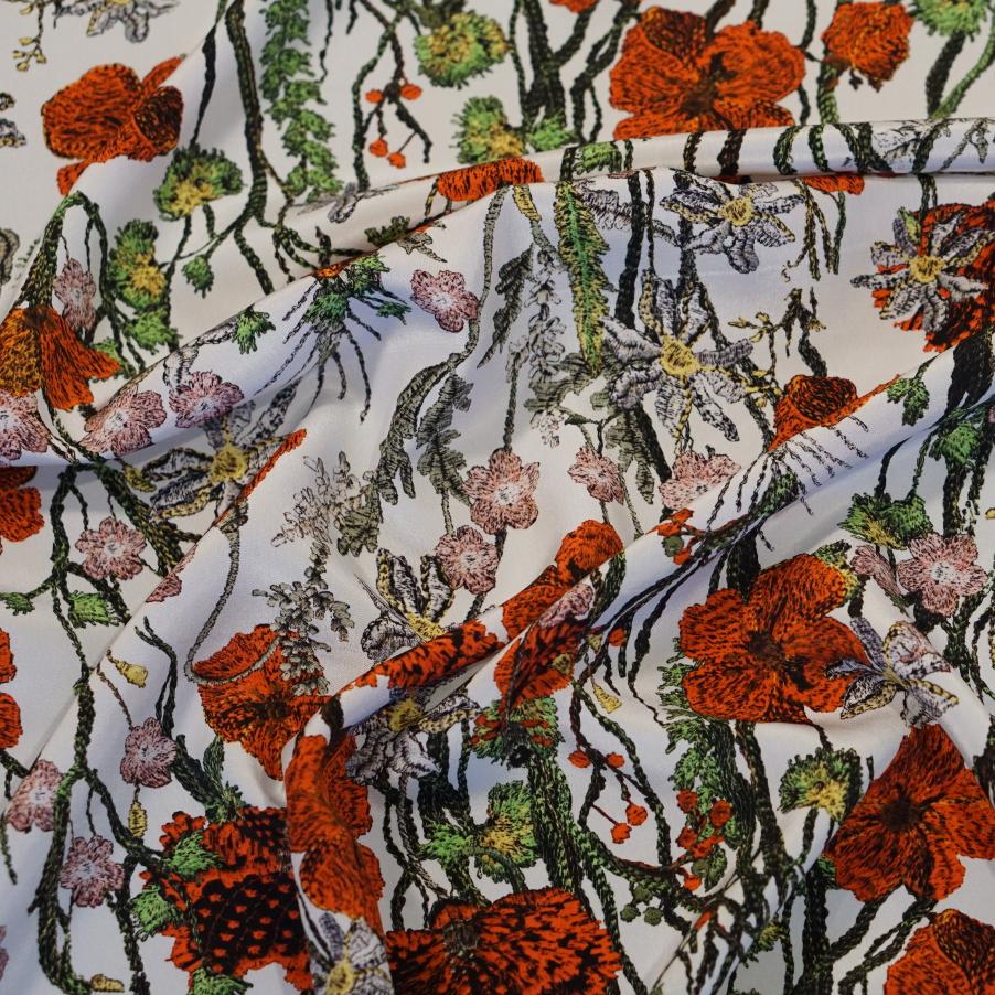 Feiner Seidencrêpe - große Blumen auf weiß