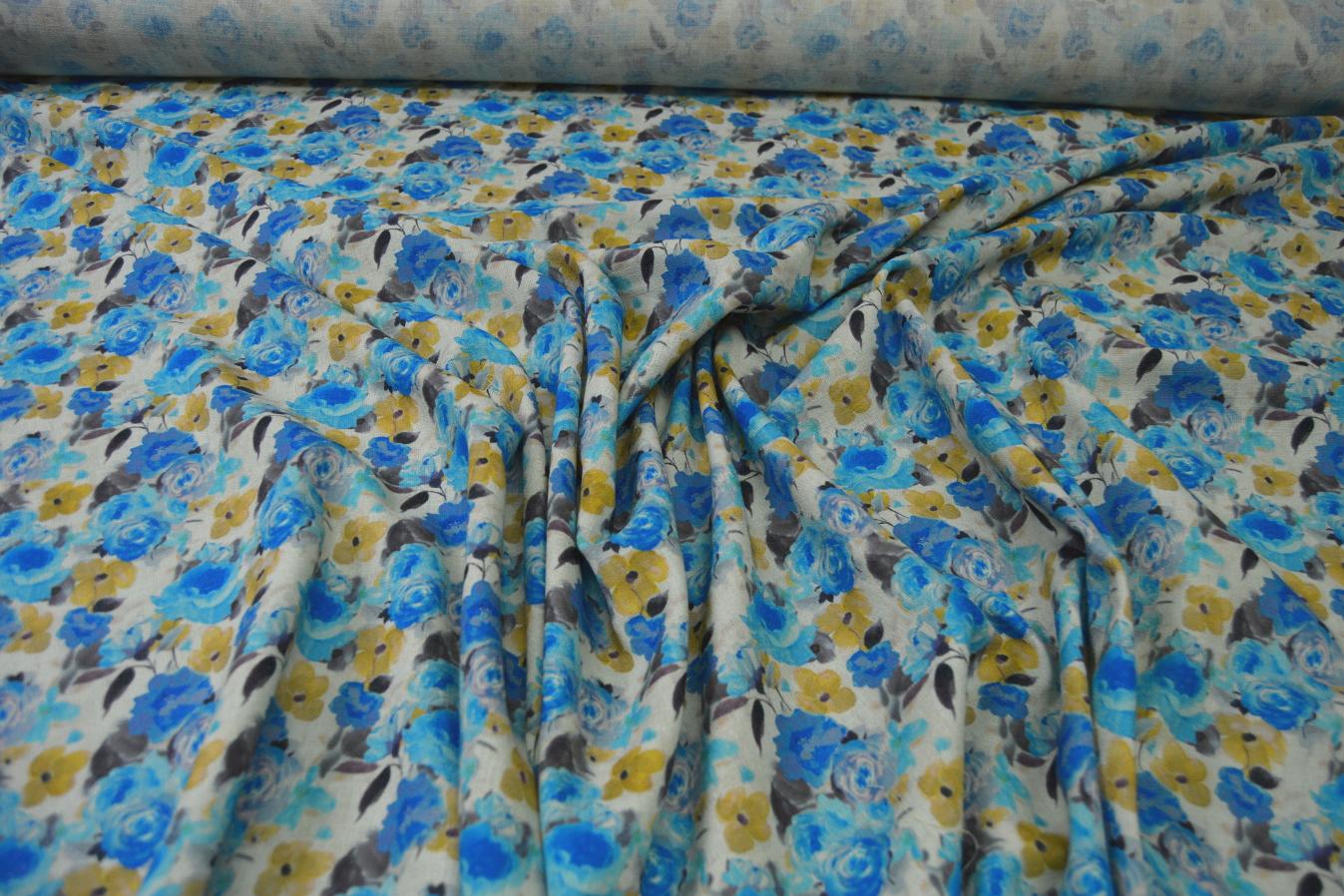 Baumwollcrepe blaue Rosen